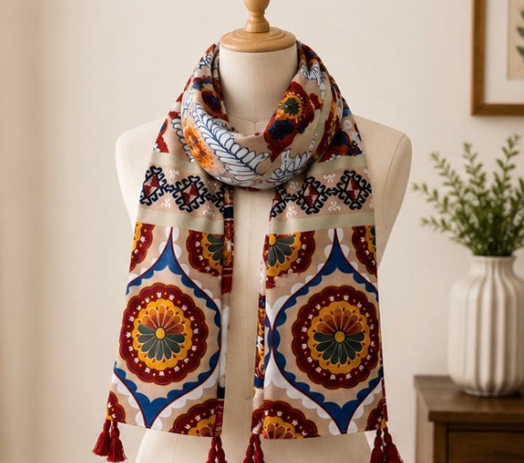 Vintage Floral Medallion Tassel Scarf