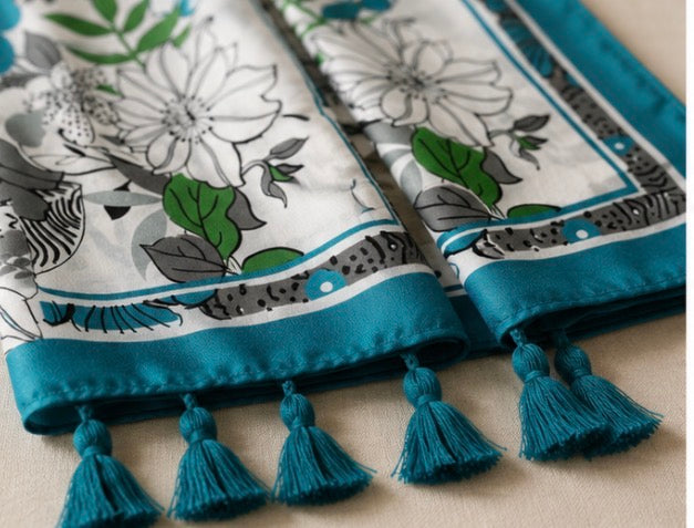 Blue Floral Lightweight Tassel Scarf