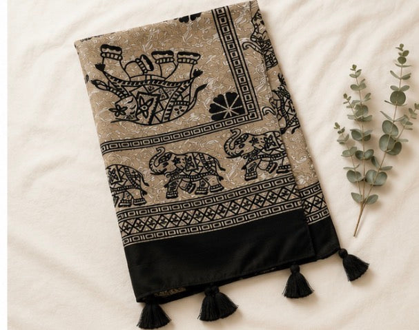 Black and Beige Elephant Print Tassel Scarf