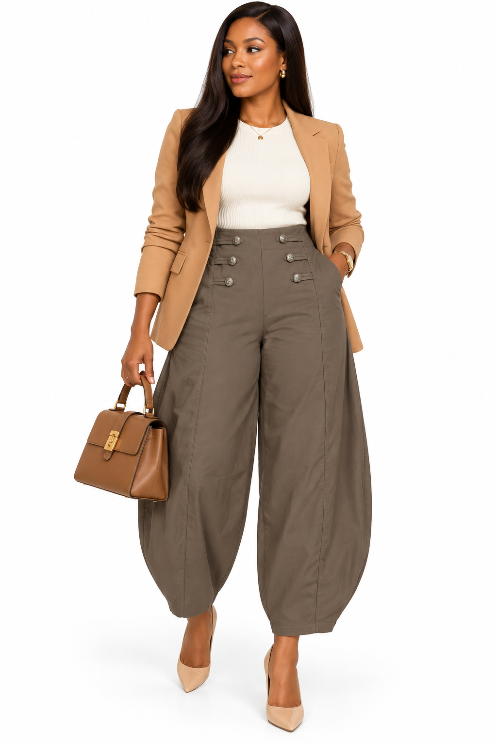 Military Button Barrell Leg Twill Trousers: Beige