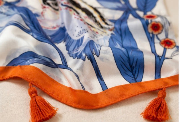 Floral and Squirrel Print Tassel Scarf