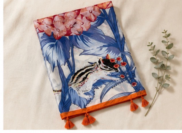 Floral and Squirrel Print Tassel Scarf