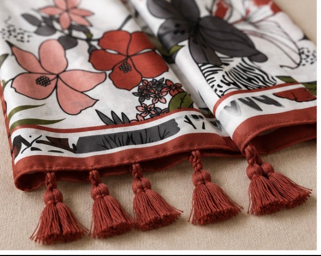 Botanical Floral Print Lightweight Tassel Scarf