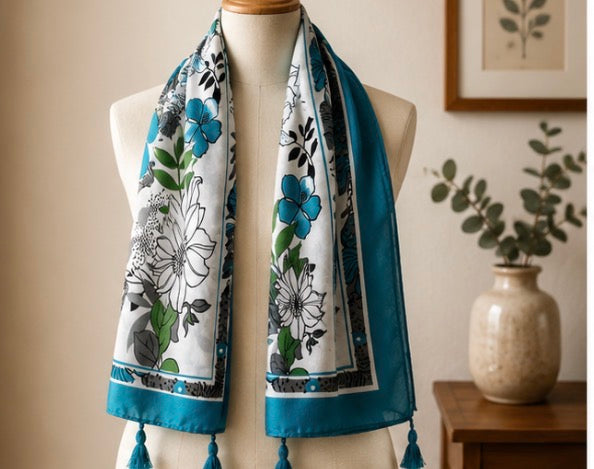 Blue Floral Lightweight Tassel Scarf