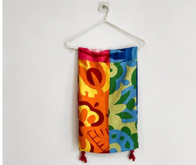 Rainbow Abstract Print Lightweight Tassel Scarf