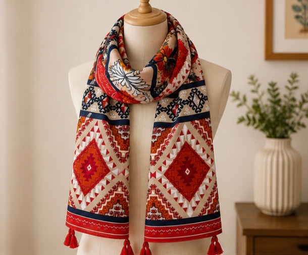 Bohemian Geometric Pattern Tassel Scarf