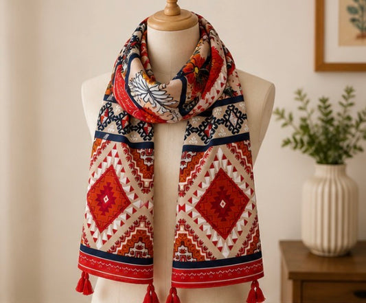 Bohemian Geometric Pattern Tassel Scarf