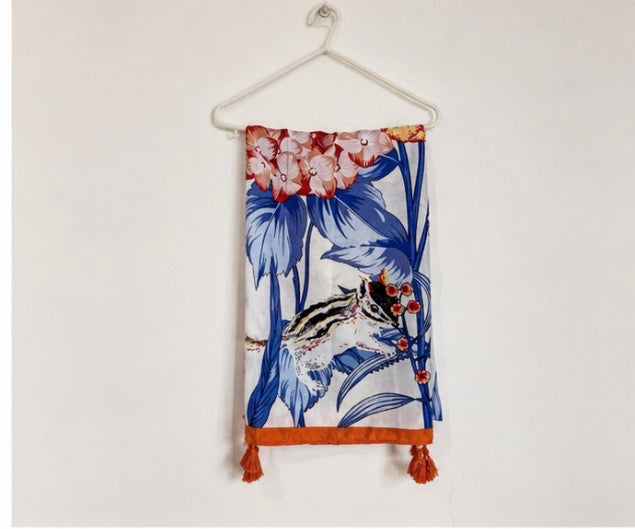 Floral and Squirrel Print Tassel Scarf