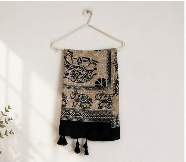 Black and Beige Elephant Print Tassel Scarf