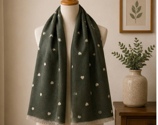 Dark Green Heart Pattern Woven Shawl