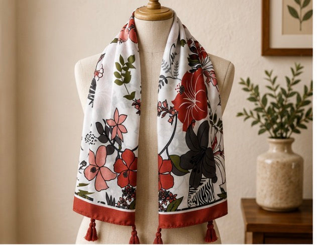 Botanical Floral Print Lightweight Tassel Scarf