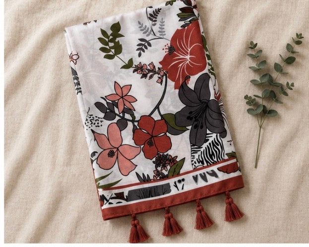 Botanical Floral Print Lightweight Tassel Scarf