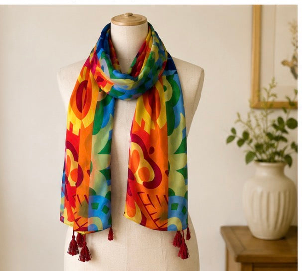 Rainbow Abstract Print Lightweight Tassel Scarf