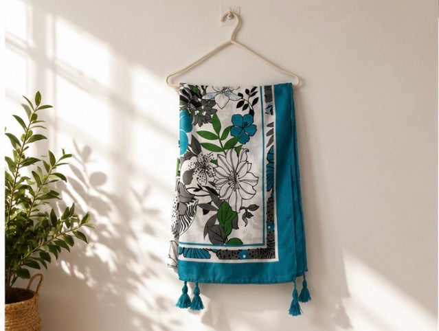 Blue Floral Lightweight Tassel Scarf