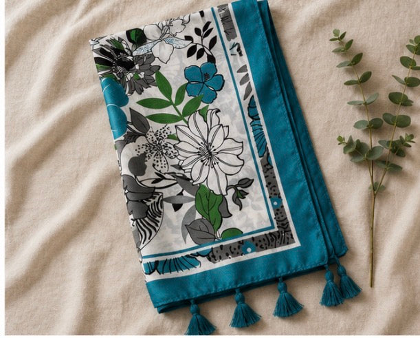 Blue Floral Lightweight Tassel Scarf