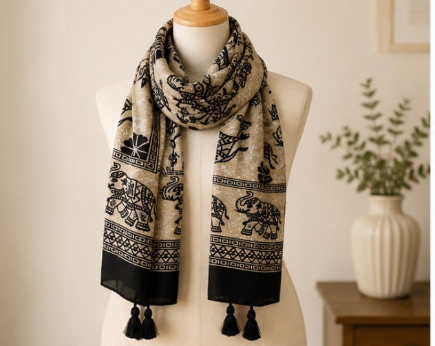 Black and Beige Elephant Print Tassel Scarf