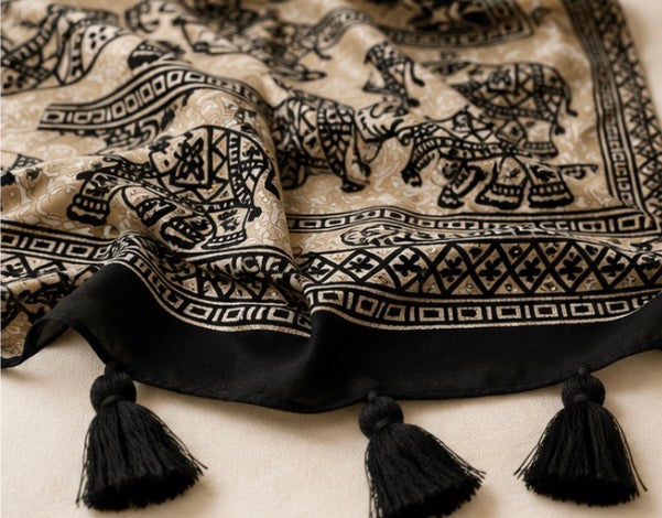 Black and Beige Elephant Print Tassel Scarf