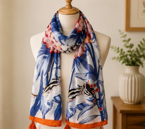 Floral and Squirrel Print Tassel Scarf