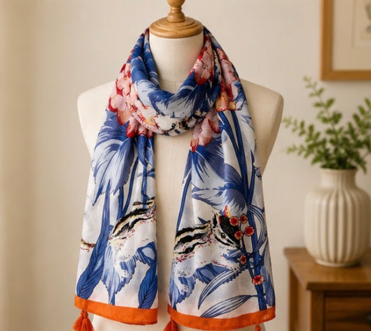 Floral and Squirrel Print Tassel Scarf
