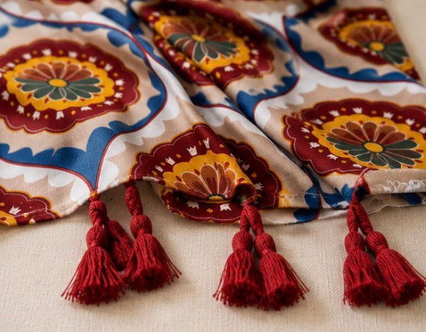 Vintage Floral Medallion Tassel Scarf