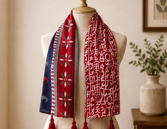 Red Ethnic Pattern Tassel Scarf