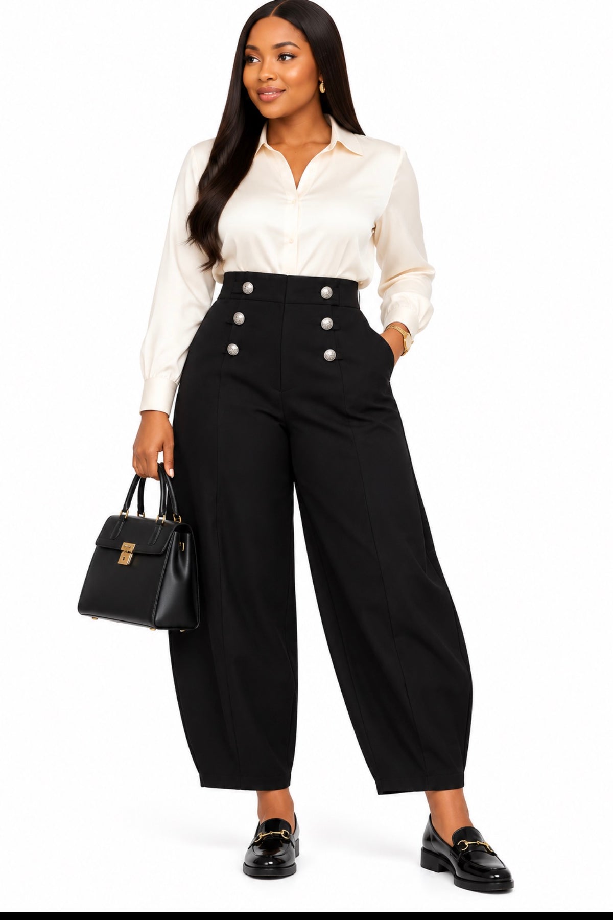 Military Button Barrell Leg Twill Trousers: Beige