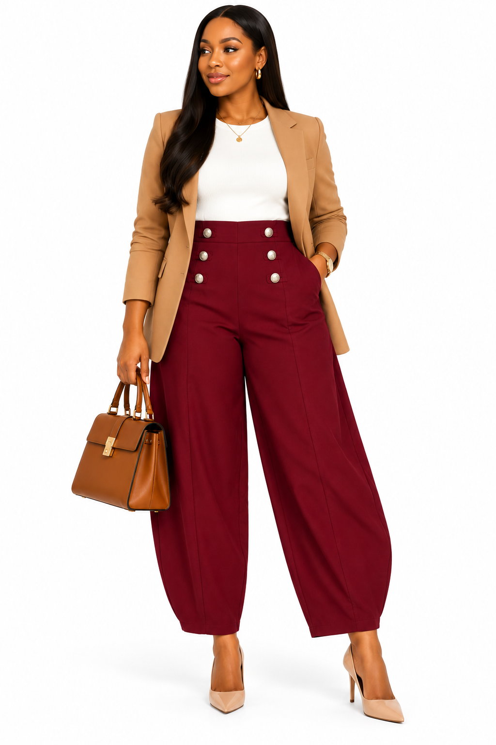 Military Button Barrell Leg Twill Trousers: Beige