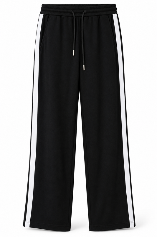 Side Stripe Wide Leg Scuba Trousers: Black